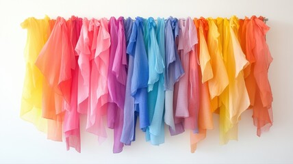 Naklejka premium Colorful Fabric Swatches Hanging in Gradient Order Against White Wall for Creative Design and Fashion Inspiration