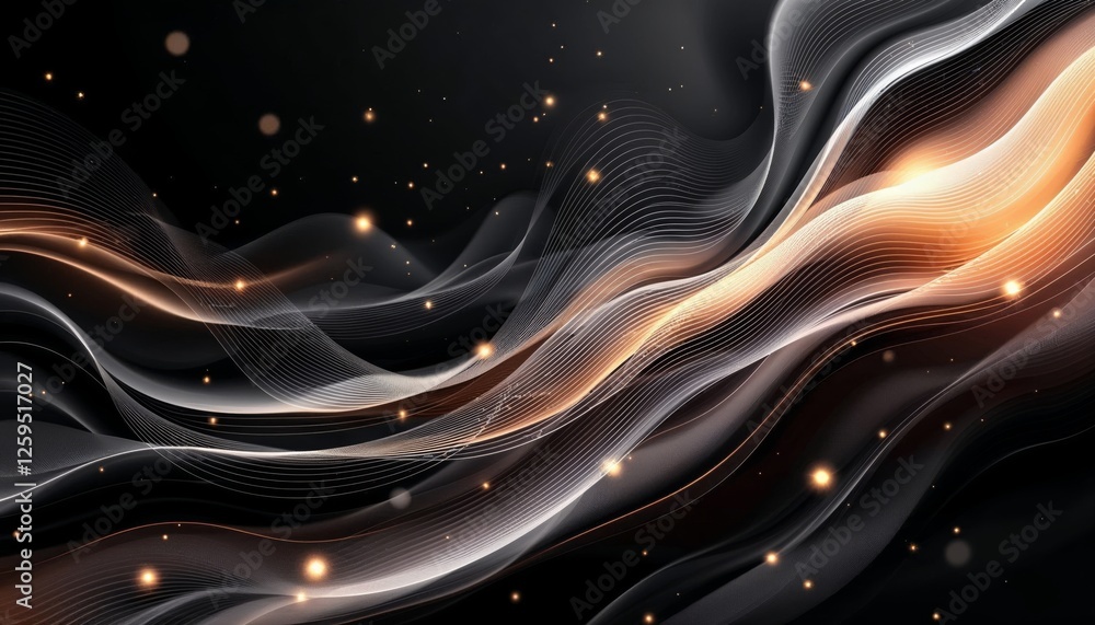 Poster abstract elegant wave design with glowing particles and linear art