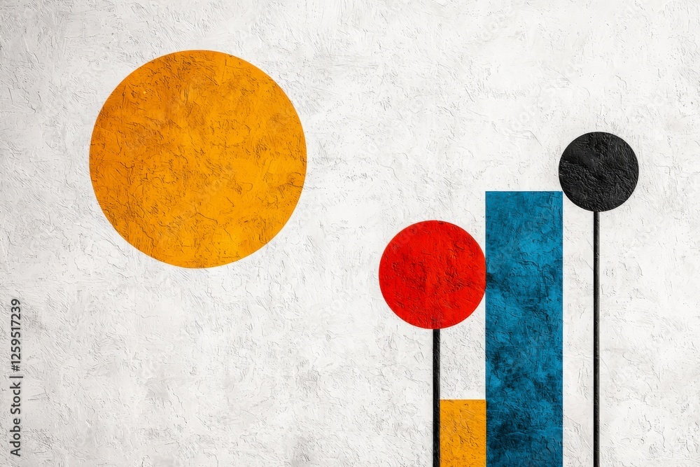 Poster abstract geometry with circular and rectangular shapes in bold colors against a textured background