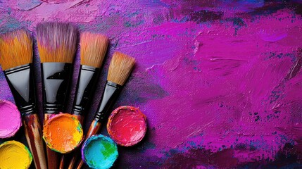 Obraz premium Paintbrushes and colorful paint on textured canvas background. Possible use for art supplies, creative concepts, and design