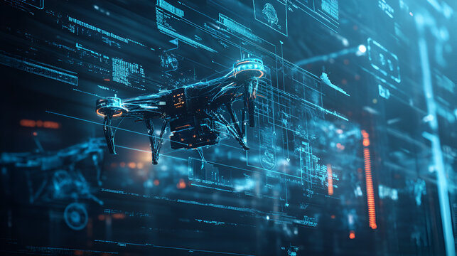 Futuristic drone with holographic interface technology, High-tech drone with digital data and AI integration, Cyber drone with artificial intelligence in a virtual environment