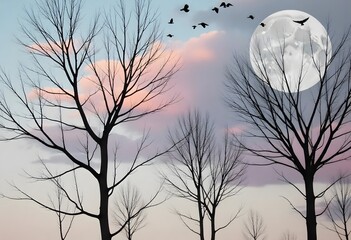 Birds flying in the foggy forest at night with a full moon. Generated by AI