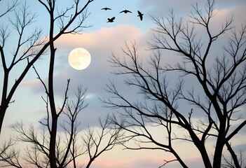 Birds flying in the foggy forest at night with a full moon. Generated by AI