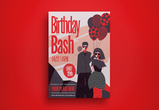 Red Bold Illustration Birthday Bash Flyer Layout