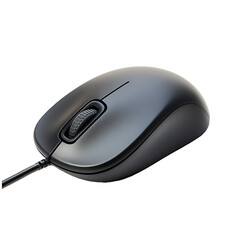 Black computer mouse with scroll wheel and buttons, isolated on a transparent background 
