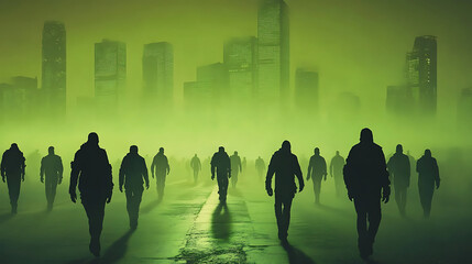 Fototapeta premium Silhouettes Of People Walking Through A Foggy Green City At Night
