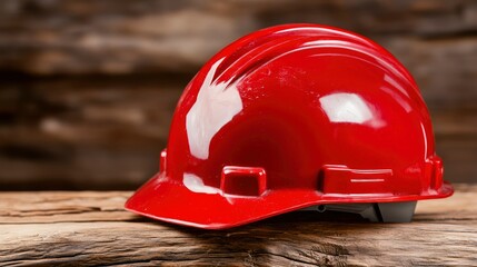 Red Hard Hat on Rustic Wooden Background - Construction Safety Symbol