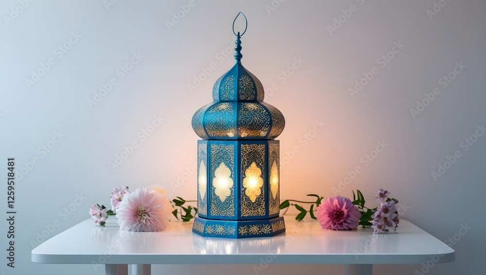 Poster 3d rendering of ramadan kareem lantern with white flowers in the background. generated by ai