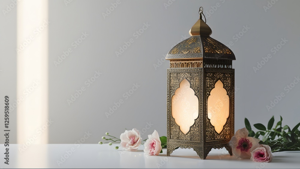 Poster 3d rendering of ramadan kareem lantern with white flowers in the background. generated by ai