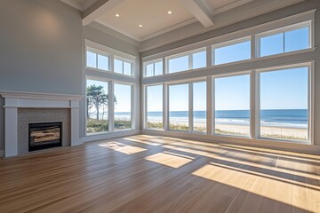 Obraz premium Ocean View Living Room: Stunning Coastal Home Design with Hardwood Floors and Fireplace, Bright Sunlight Illuminates the Space.