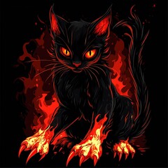 Fiery black kitten with burning paws and tail.