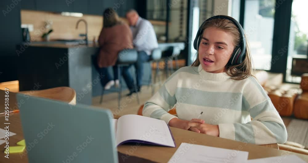 Poster Laptop, homework and child on video call talking for distance learning, education and lesson. School, answer and teenager in virtual class on computer for online assessment, knowledge and studying