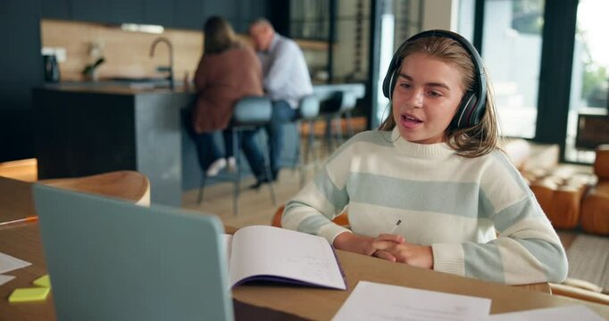 Laptop, homework and child on video call talking for distance learning, education and lesson. School, answer and teenager in virtual class on computer for online assessment, knowledge and studying