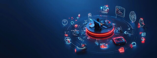 Illustration of a virtual help desk surrounded by glowing tech icons