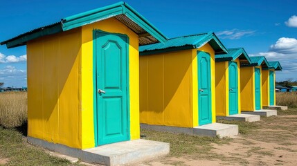 Vibrant Yellow and Teal Public Restrooms in Rural Setting