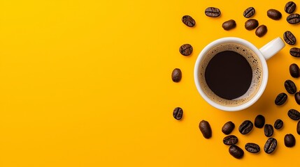 Obraz premium Hot Coffee Cup with Coffee Beans on Bright Yellow Background