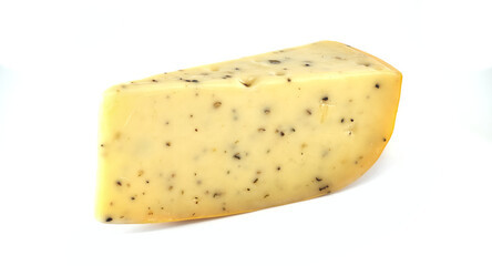 Piece of tasty italian cheese with black truffle on white background