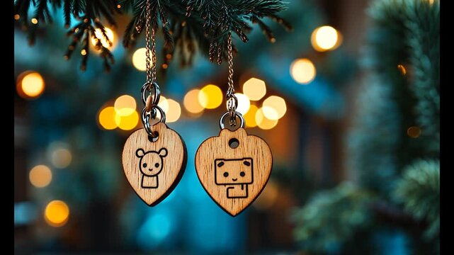 Wooden keychains featuring animal designs hanging from a tree branch