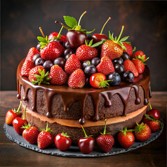 Delicious Chocolate Cake with Strawberries and Cherries