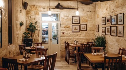 A cozy cafe with Granite Sand walls, warm lighting, and rustic wooden tables.