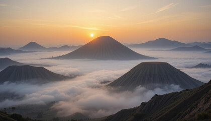 Obraz premium A serene sunrise over the iconic Mount Bromo in Indonesia, with layers of mist and soft golden light. 