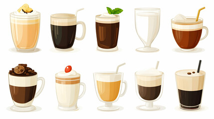 Various coffee drinks illustration, cafe menu, beverage options