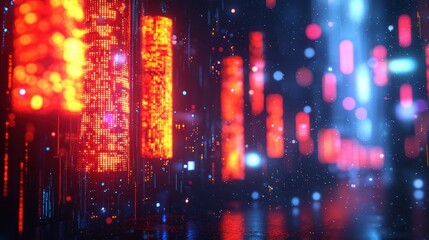 Abstract digital city glowing at night, data streams, futuristic background