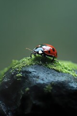 Ladybug Resting on Mossy Stone A Captivating Macro Shot of Nature s Tiny Wonders