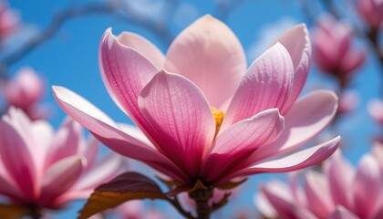 Fototapeta premium Close-up view of a beautiful pink magnolia flower in full bloom against a bright blue sky, showcasing intricate details of petals and vibrant color.