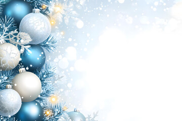 Stunning Winter Holiday Scene with Blue and White Ornaments on Snowy Branches