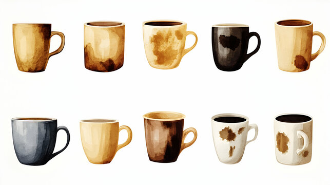 Watercolor coffee cups, stains, various colors, white background, for cafe menu