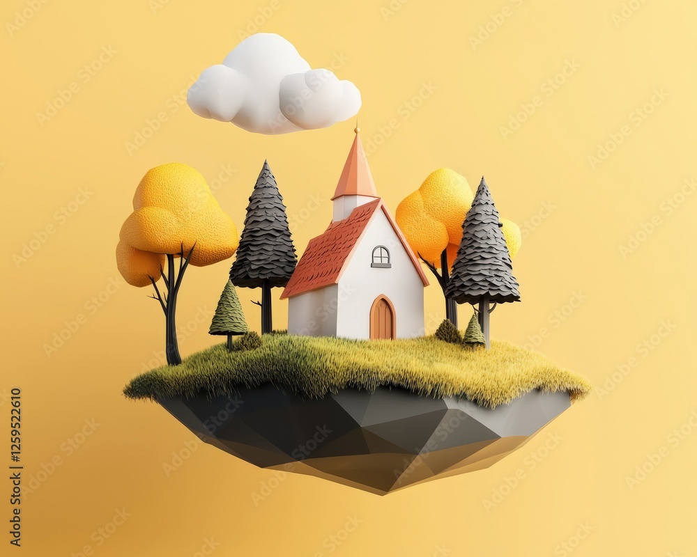 Poster charming floating house in a surreal landscape with trees and clouds on a bright yellow background
