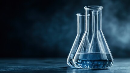 Scientific Experiment Two Erlenmeyer Flasks with Blue Liquid on Dark Background