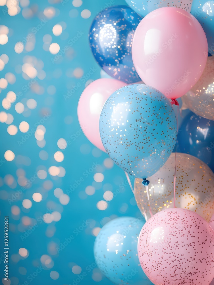 Poster pastel balloons floating against a bokeh backdrop creating a festive and joyful atmosphere