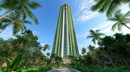Modern High-Rise Building Surrounded by Lush Green Landscape