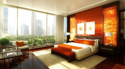 Luxury hotel room, city view, sunrise, modern design, interior