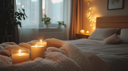 Cozy Bedroom with Candles and Soft Pillows for a Relaxing Atmosphere