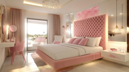 Fototapeta premium A high-end hotel suite with a pink and white theme, elegant furniture, and luxury finishes.