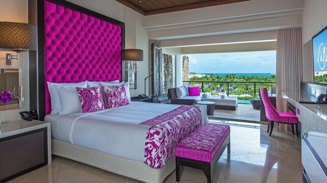 A high-end hotel suite with a pink and white theme, elegant furniture, and luxury finishes.
