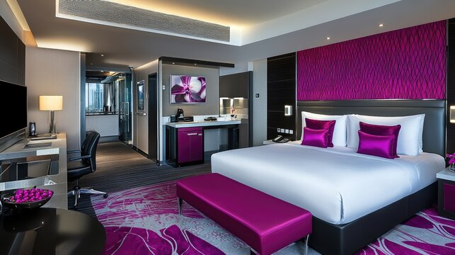 A high-end hotel suite with a pink and white theme, elegant furniture, and luxury finishes.