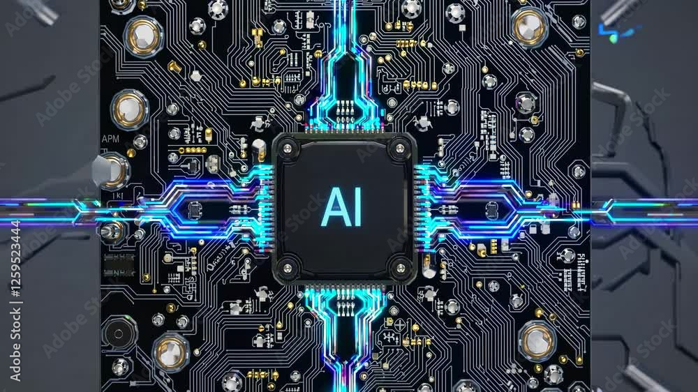 Poster top-down view of a glowing ai circuit board, showcasing intricate electronic pathways. futuristic te
