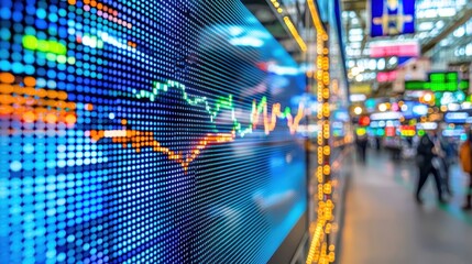 A vibrant digital display shows fluctuating stock market trends, surrounded by a bustling environment of blurred figures in a modern setting.