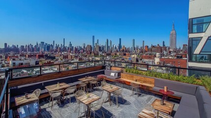 Obraz premium A high-end rooftop lounge featuring Dust Sunlight walls and stylish outdoor seating.
