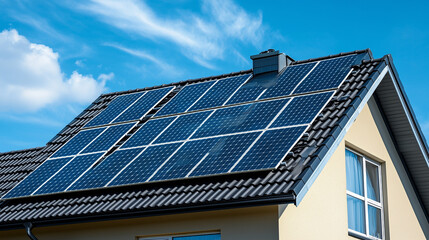 Fototapeta premium Modern house with solar panels on gable roof, clean design, natural light, sustainable living concept