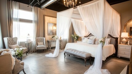A luxurious bridal suite with Dust Sunlight walls, sheer curtains, and vintage furniture.