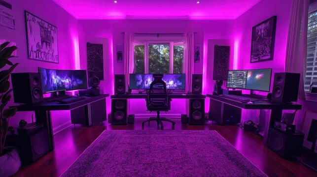Purple-lit gaming studio, dual setup, night, streaming