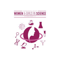 February is International day of Women and Girls in science. Vector template Design for banner, greeting card, poster, prints, social media post ,flyer , T shirt with background.