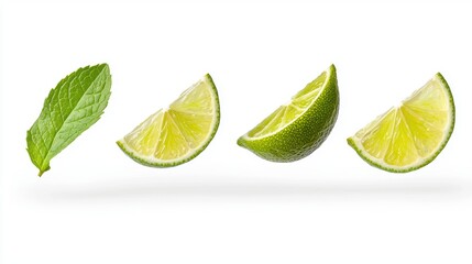 A fresh mint leaf alongside sliced lime wedges, showcasing vibrant colors and textures, perfect for culinary or beverage presentations.
