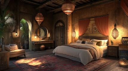 Fototapeta premium A luxurious master bedroom with Dust Sunlight walls, plush bedding, and a cozy rug.