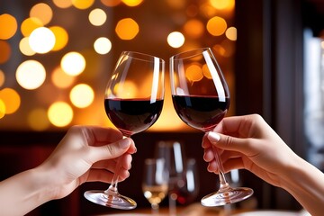 Close-up shot of two hands elegantly holding wine glasses in a celebratory toast